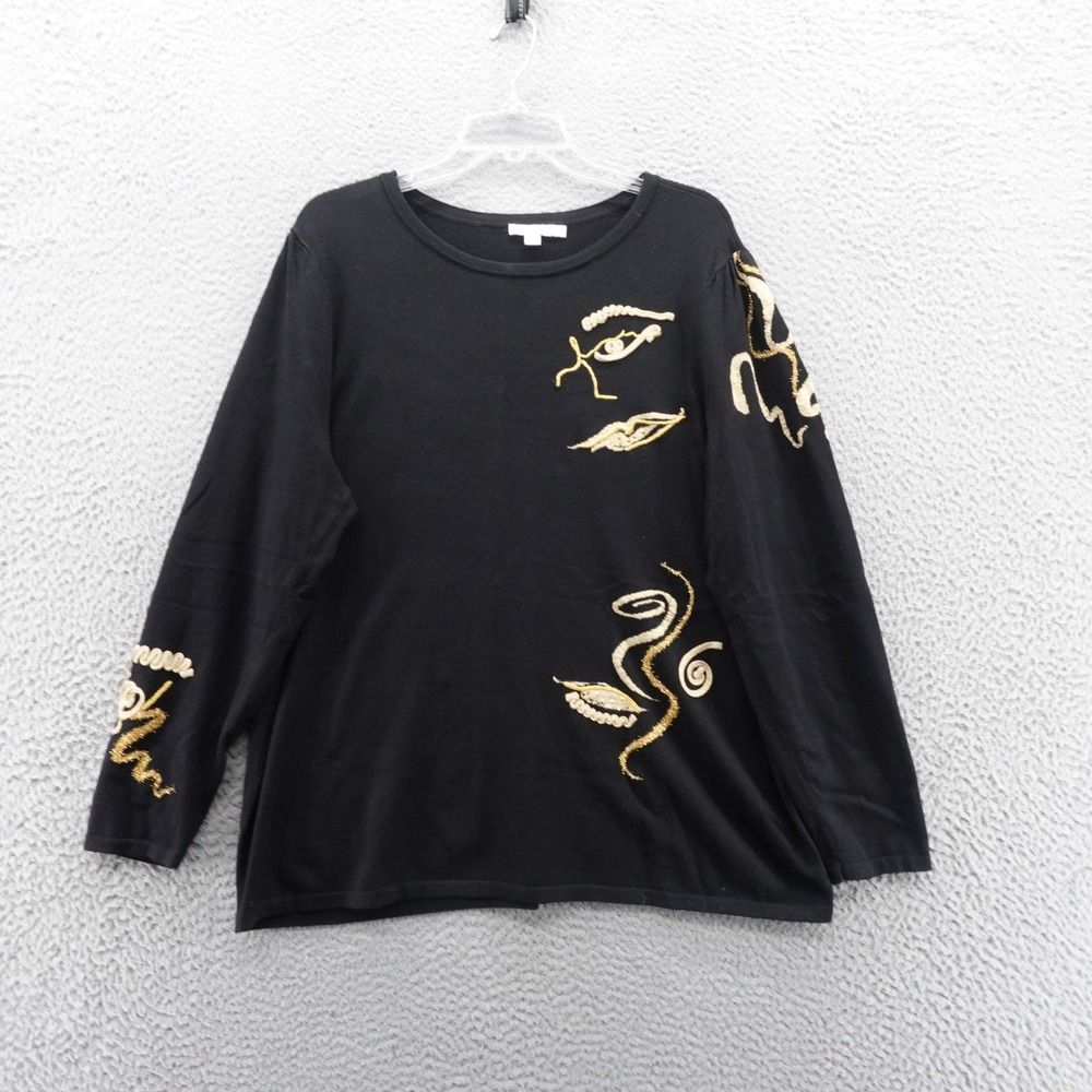 Chicos Embroidered Black Long Sleeve Top XL Abstract Art Face Rayon Blend Womens